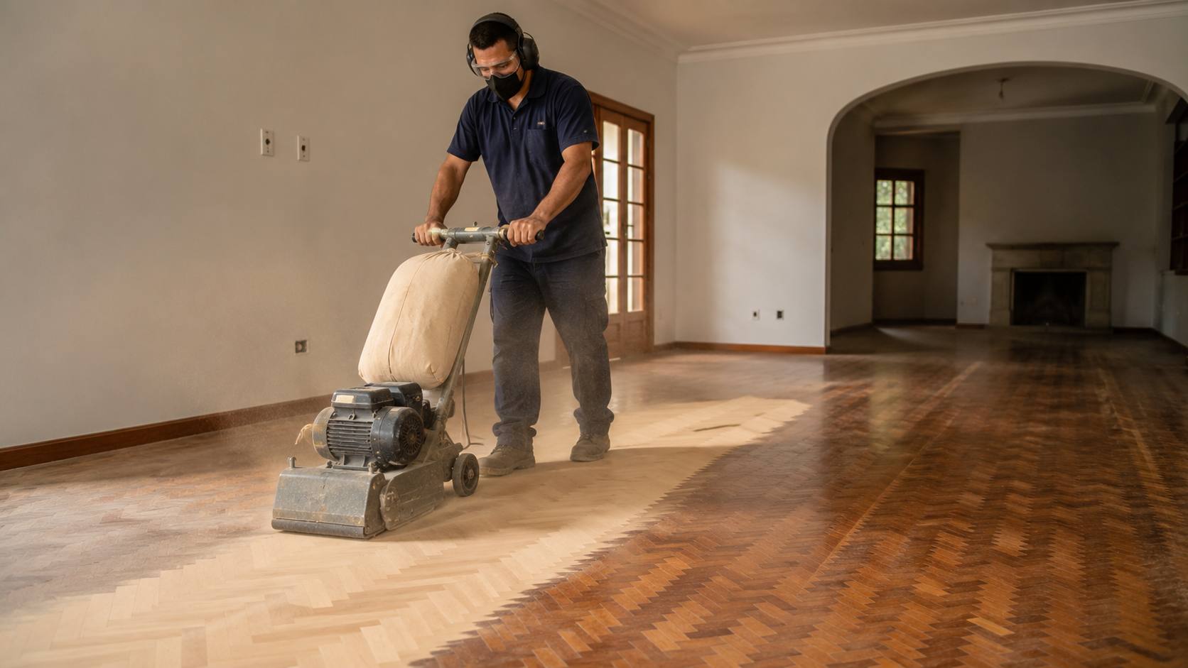 Profissional M&L Sintecar realizando raspagem de piso de madeira em Belo Horizonte